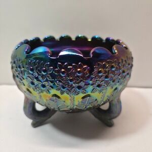 Fenton Carnival Glass Bowl Daisy and Plums Footed Iridescent Vintage